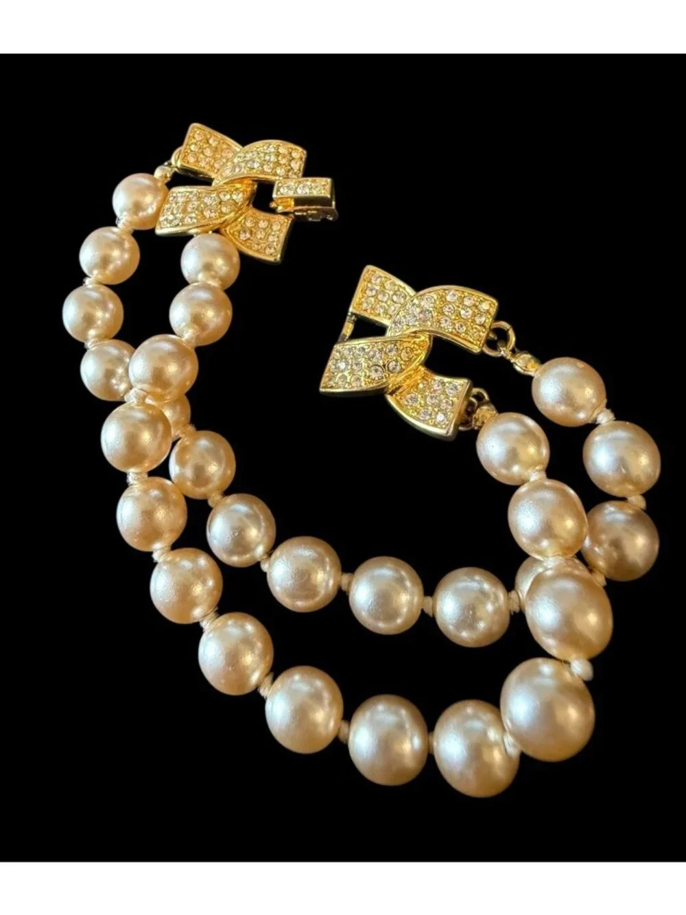 Vintage KJL Kenneth Jay Lane Pave Rhinestone Cream Pearls Bead Bracelet 7" - Picture 6 of 7